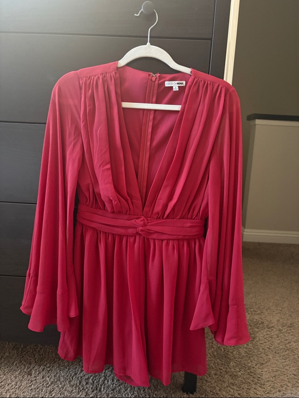 Fashion Nova Red Long Sleeve Plunging Romper